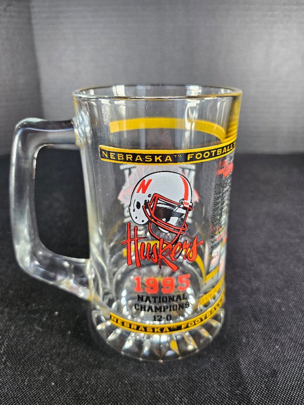 Vintage 1995 Nebraska Huskers National Champions Glass Beer Mug Tom Osborne 12-0